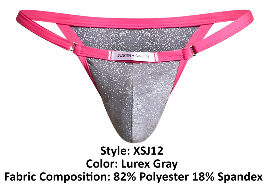 Justin+Simon XSJ12 bikini lurex gray glittery thong with vibrant pink trim and branded label visible on front side