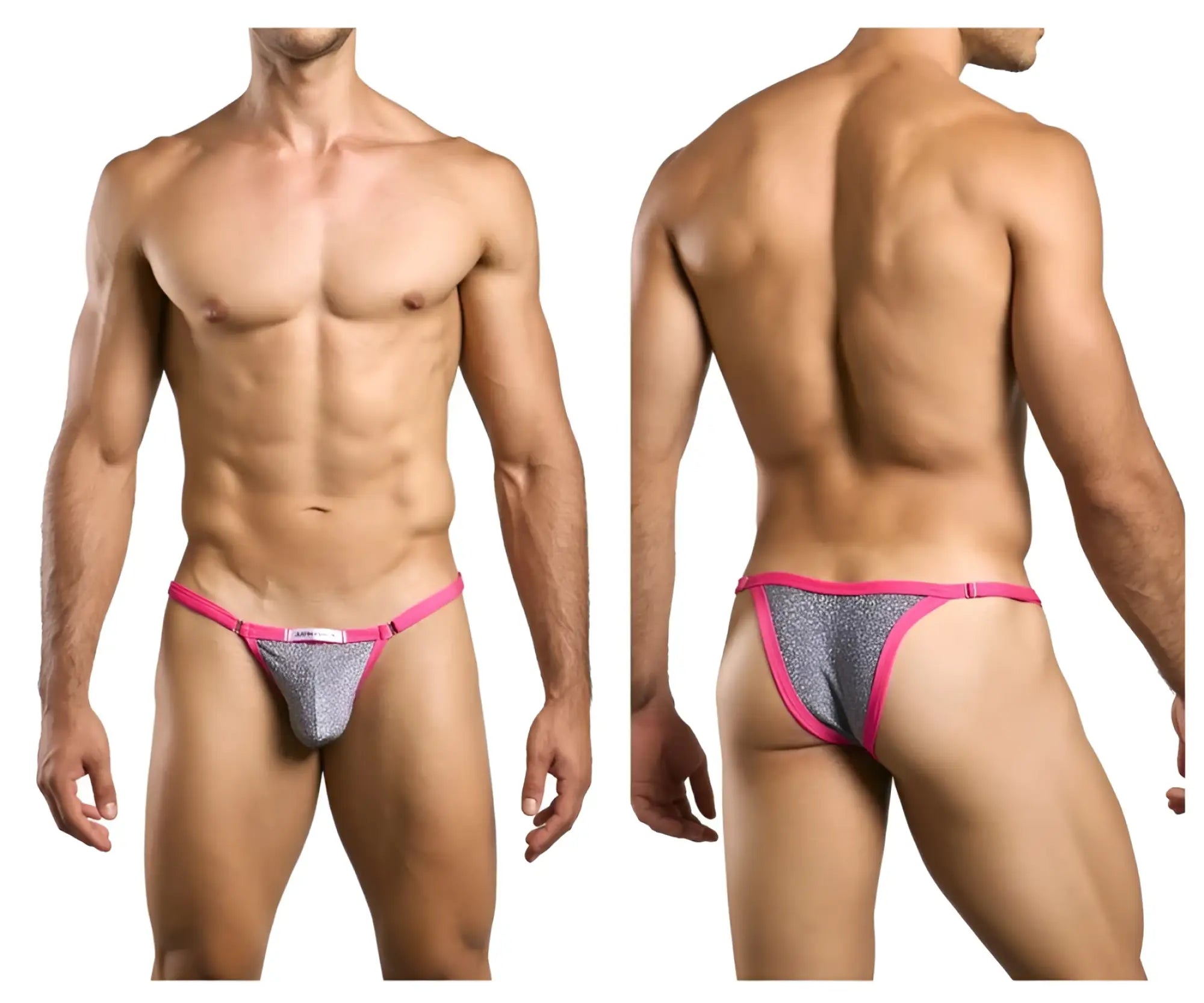 Pink and silver glittery thong bikini with snug form-fitting design in lurex gray by justin+simon xsj12