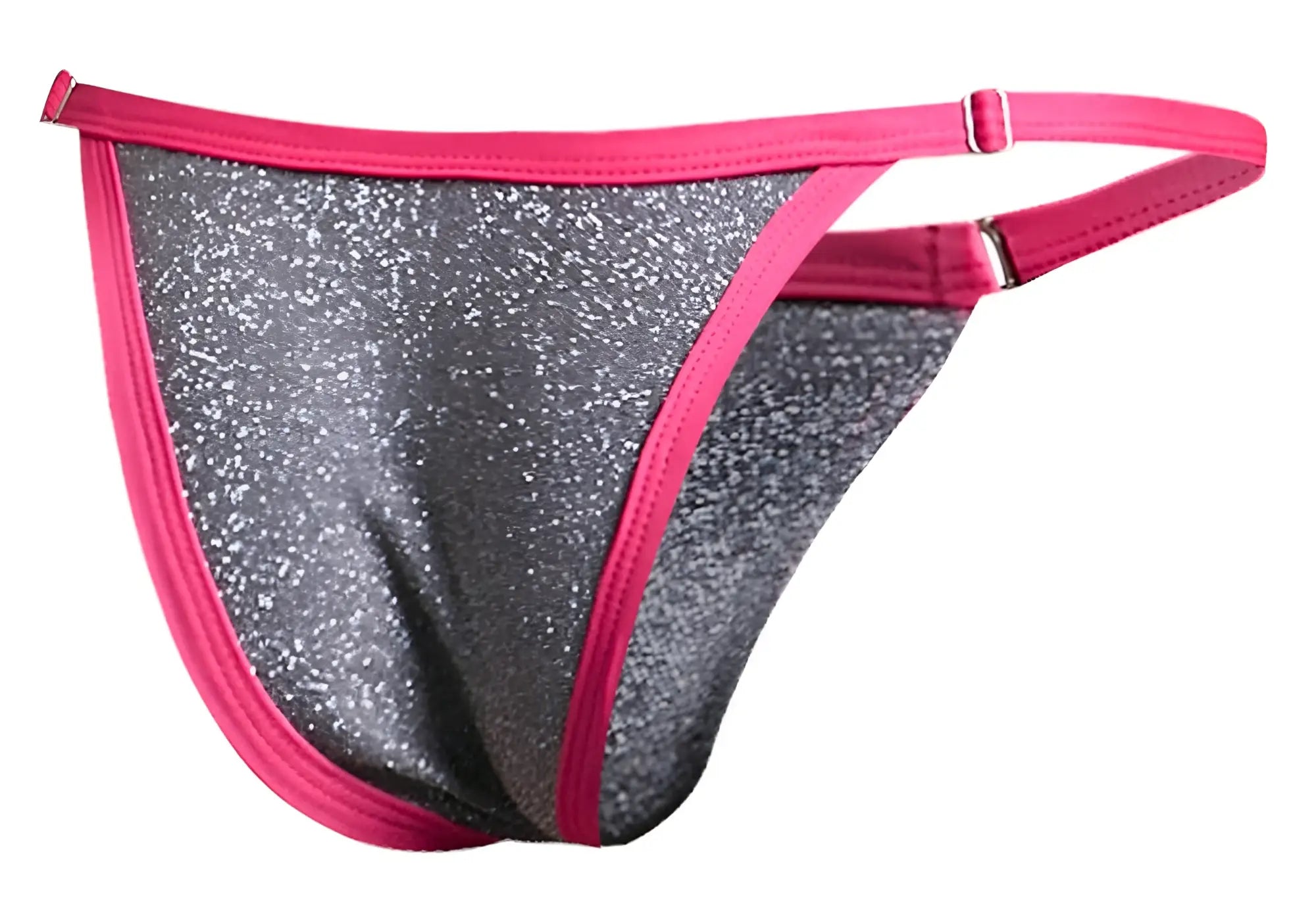 Pink-trimmed sparkly gray thong bikini with metallic lurex and adjustable side straps from justin simon xsj12