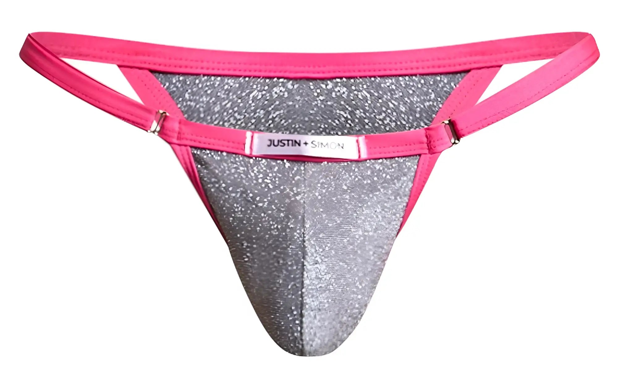 A vibrant pink and silver glitter thong bikini with a sleek modern design from justin simon xsj12 lurex gray collection