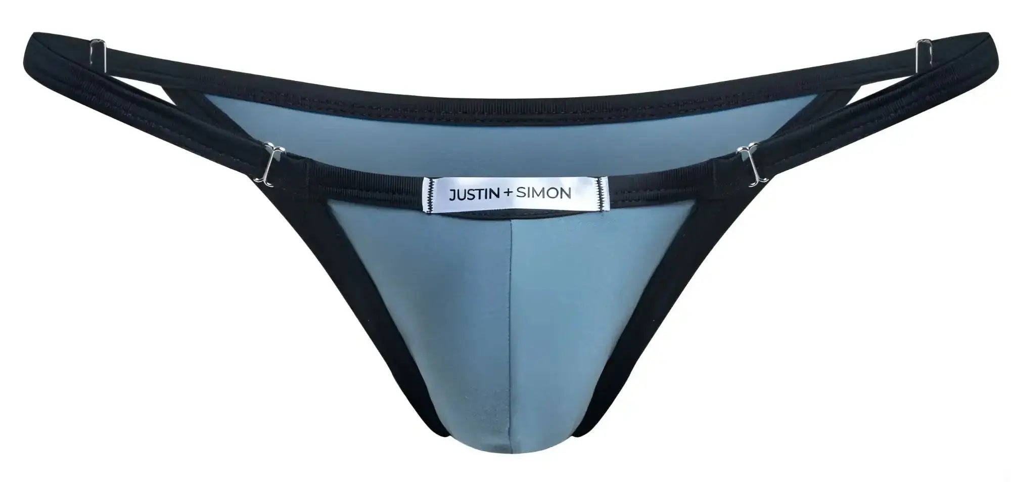 Blue and black justin simon thong bikini with sleek contoured design metal green color metal material