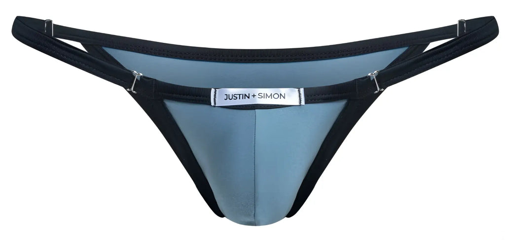 Blue and black justin simon thong bikini with sleek contoured design metal green color metal material
