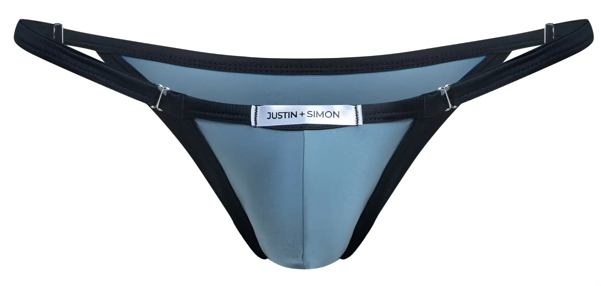 Blue and black justin simon thong bikini with sleek contoured design metal green color metal material