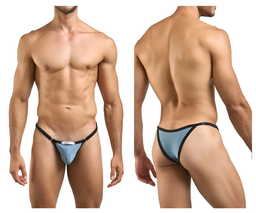 Justin simon xsj12 bikini in light blue and black thong with sleek minimalist design and metal green accents