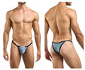 Justin simon xsj12 bikini in light blue and black thong with sleek minimalist design and metal green accents