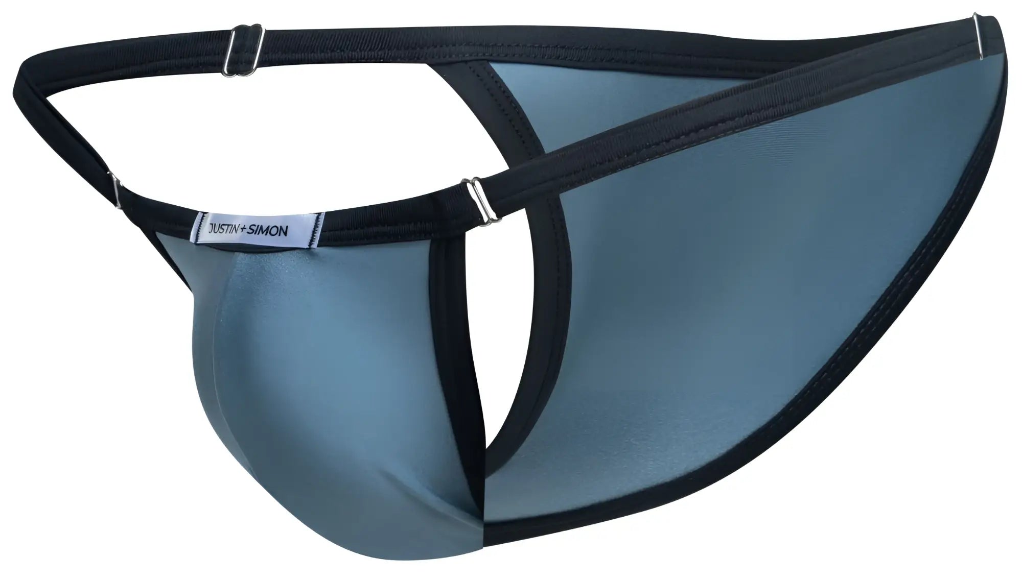 A sleek slate blue satin thong with black trim and silver metal clasps from JUSTIN+SIMON XSJ12 Bikini Color Metal Green