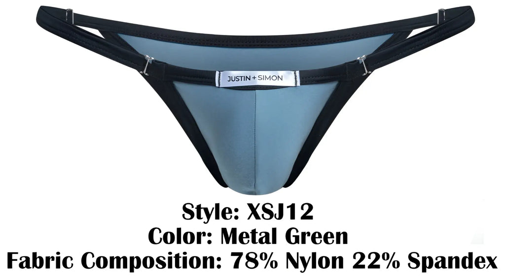 Metal green bikini thong with black trim and silver justin plus simon label in xsj12 style