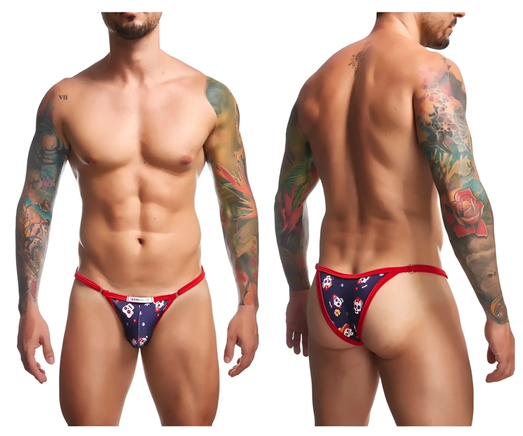 Navy blue and red patterned men’s thong with skull design from justin simon xsj12 bikini color mexico collection
