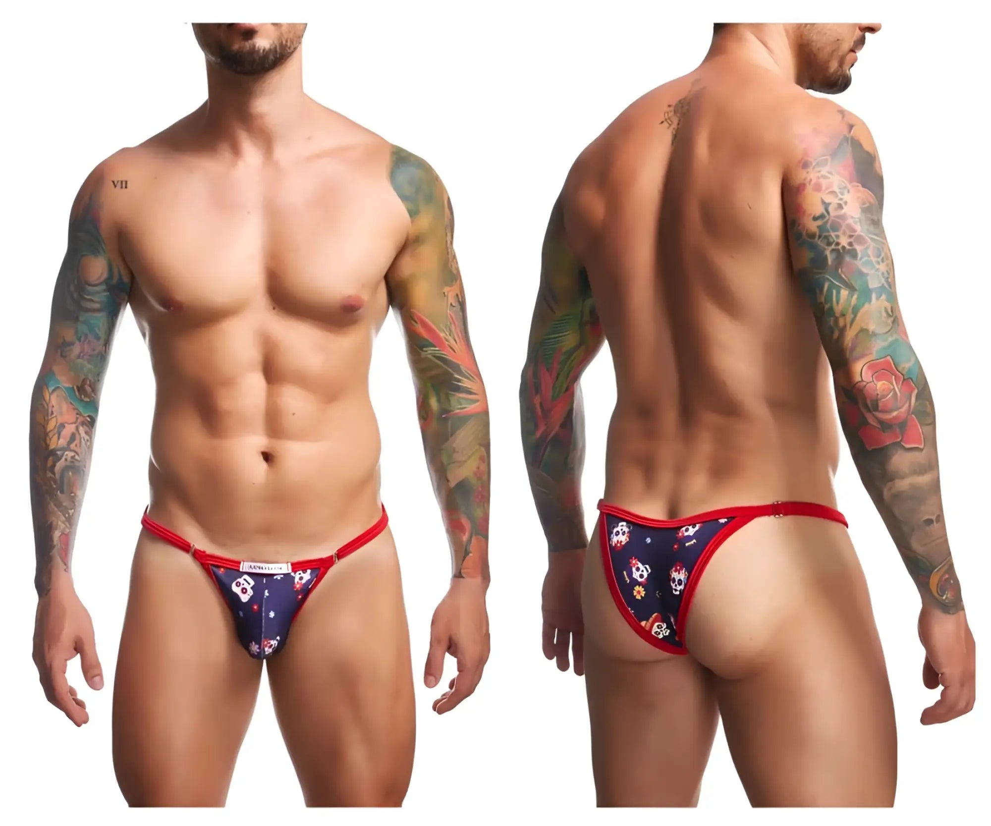 Navy blue and red patterned men’s thong with skull design from justin simon xsj12 bikini color mexico collection