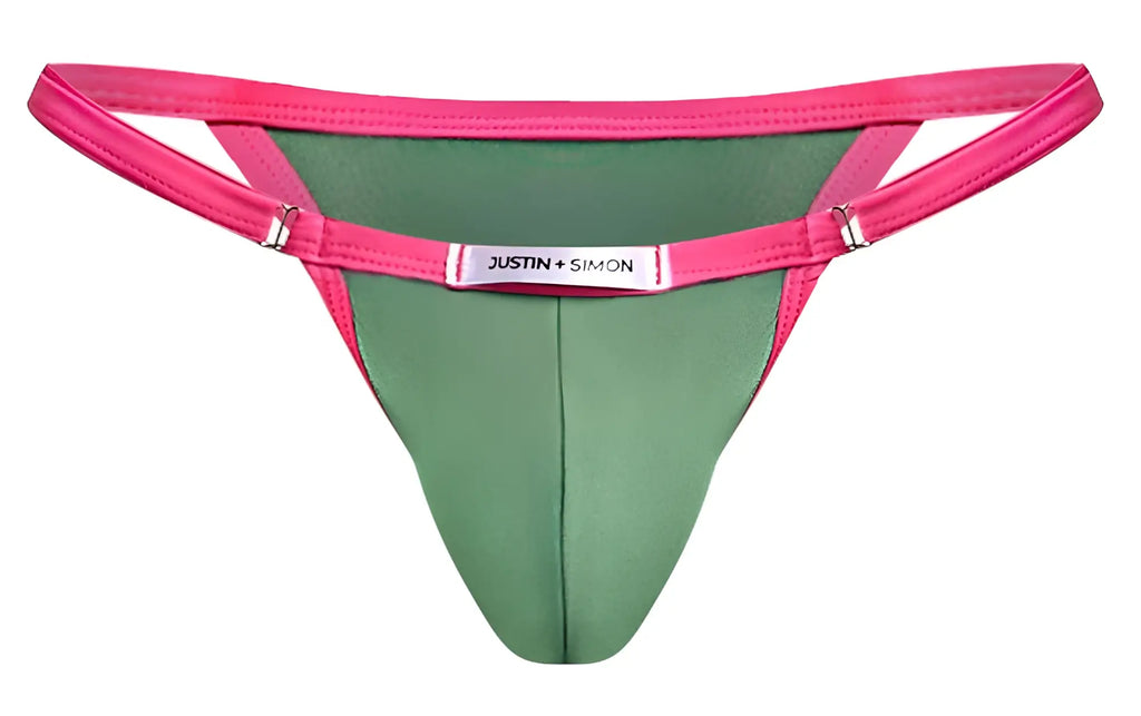 Bright pink and green thong bikini with silver toned justin simon brand tag on waistband in new green color