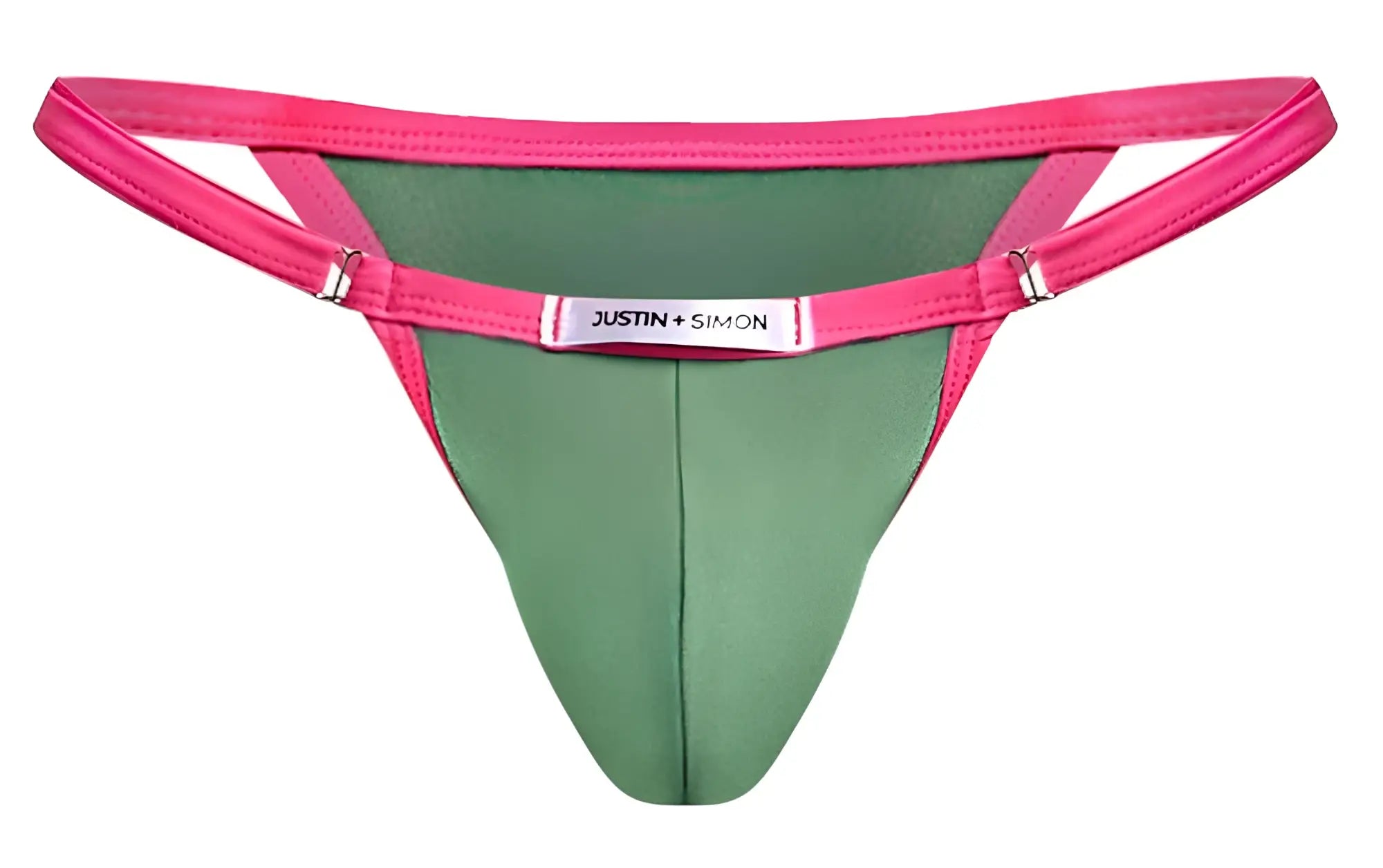 Bright pink and green thong bikini with silver toned justin simon brand tag on waistband in new green color