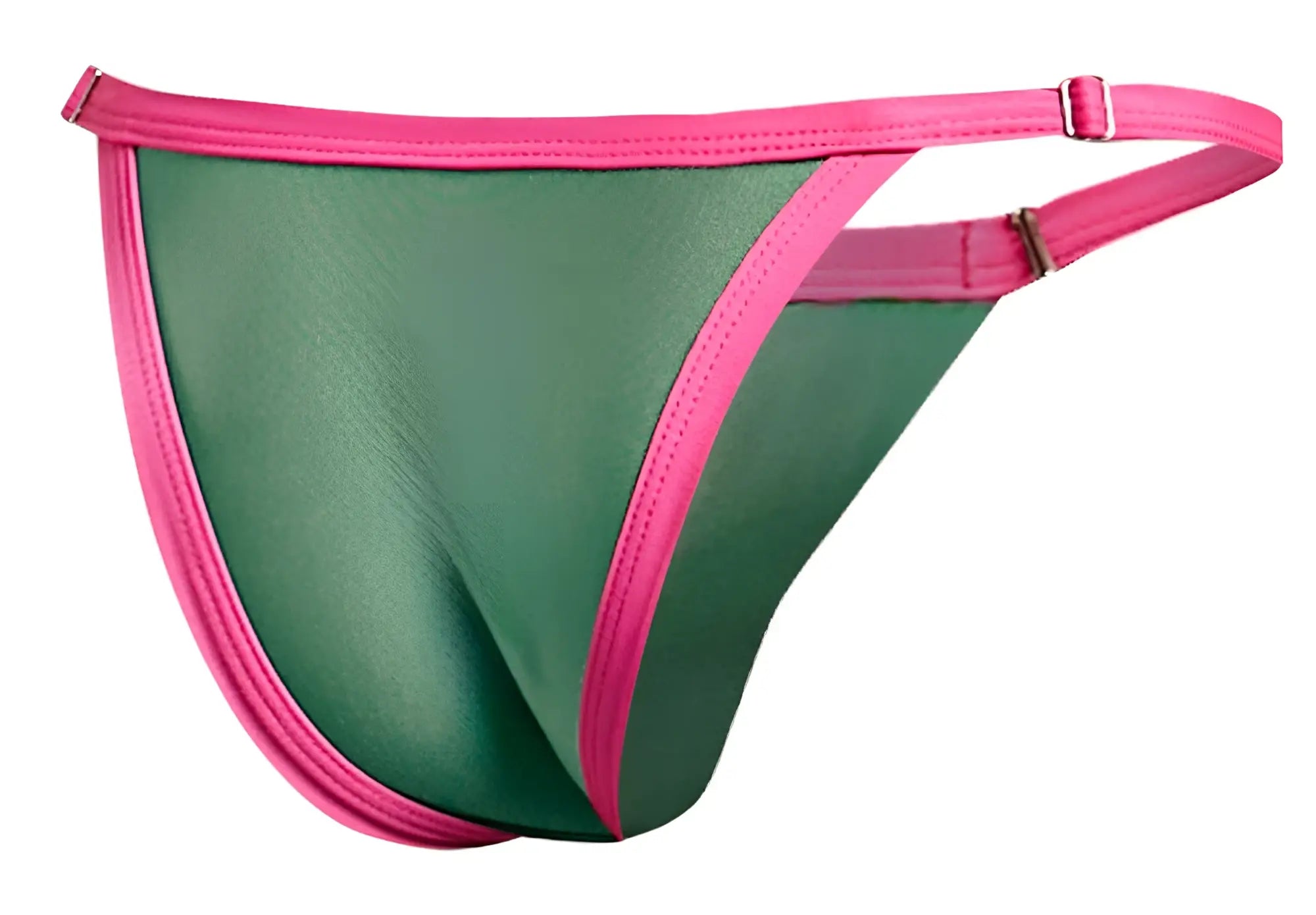 Green and pink thong bikini with shiny stretchy fabric and bright pink trim by justin plus simon xsj12