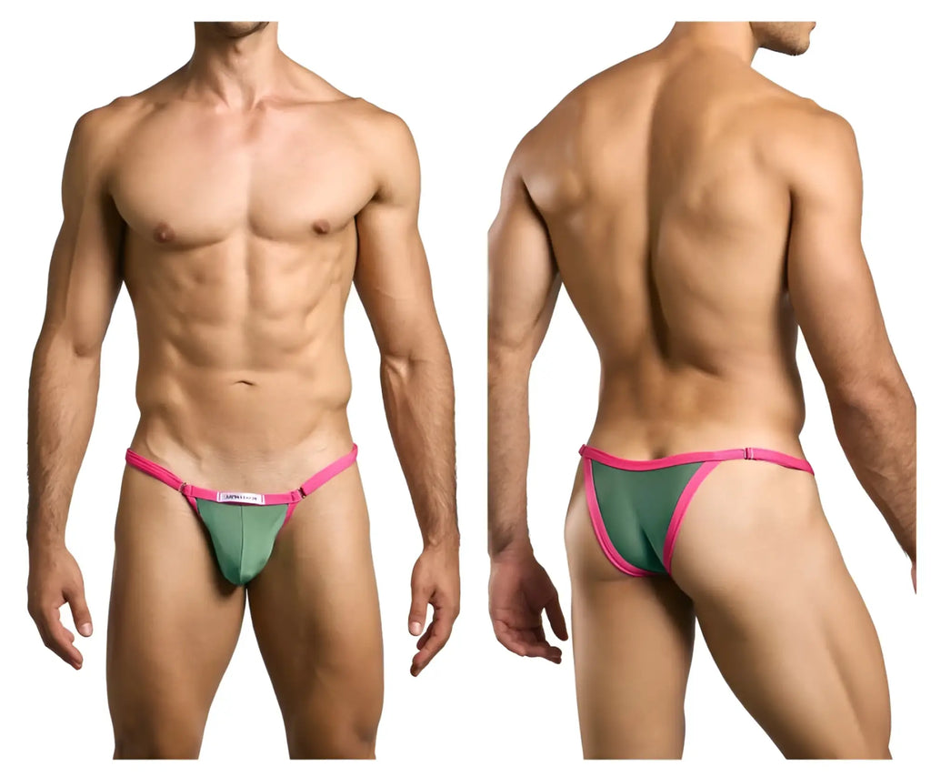 Green and pink bikini thong with a small white logo on the front band from justin simon xsj12 collection