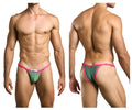 Green and pink bikini thong with a small white logo on the front band from justin simon xsj12 collection