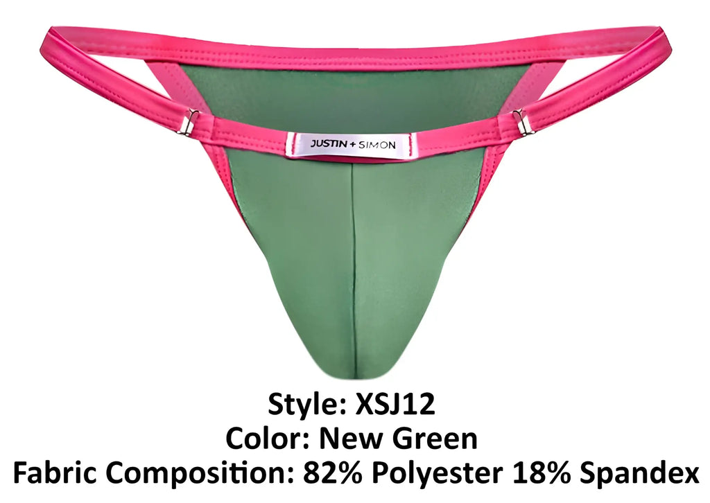 A vibrant pink and green justin simon thong with sleek design and metallic clasps from the xsj12 bikini color new green collection