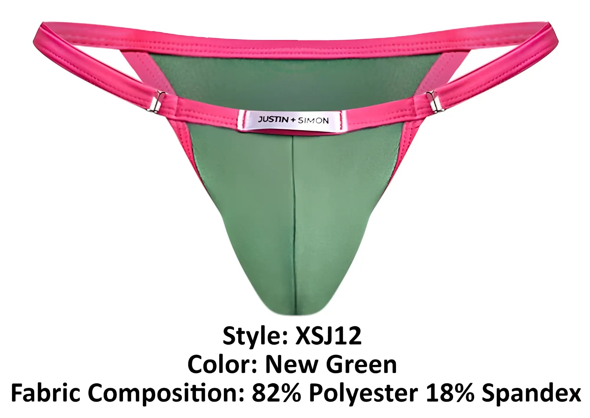 A vibrant pink and green justin simon thong with sleek design and metallic clasps from the xsj12 bikini color new green collection