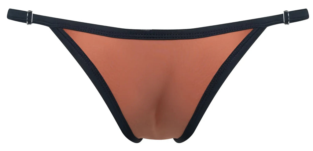 Justin+Simon XSJ12 bikini thong in black and copper with smooth stretchy fabric finish showing the back side