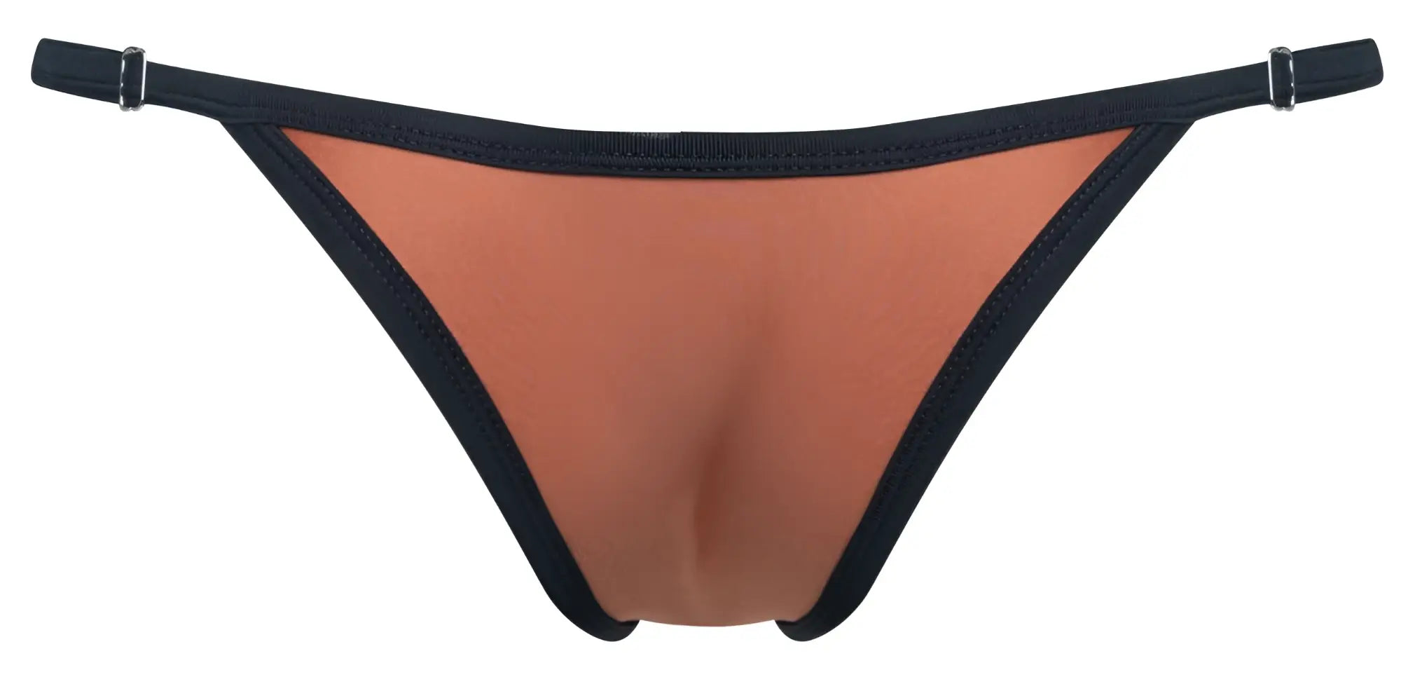 Justin+Simon XSJ12 bikini thong in black and copper with smooth stretchy fabric finish showing the back side