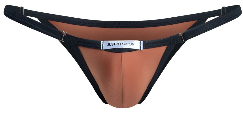 Black and tan thong bikini with silver justin simon label in ochre color for stylish swimwear use