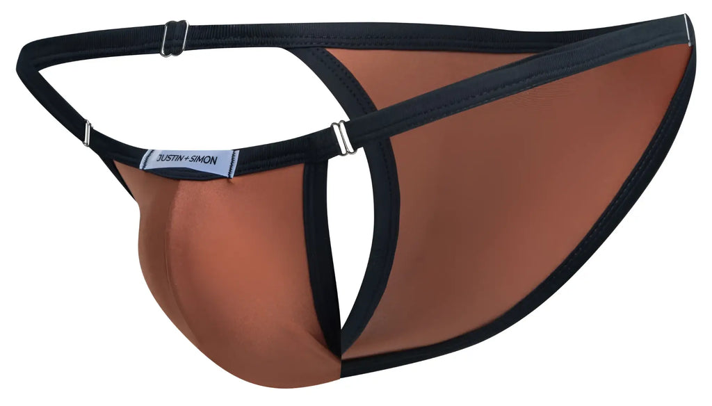 Brown and black justin simon men’s briefs with contoured design in ochre color showing front view