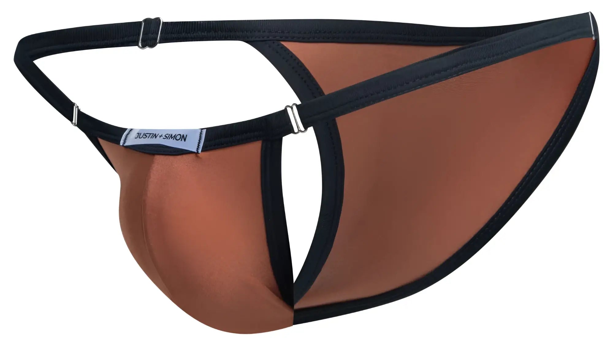 Brown and black justin simon men’s briefs with contoured design in ochre color showing front view