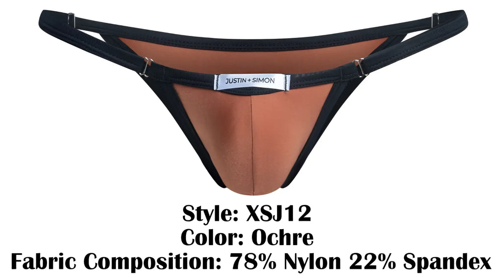 Ochre-colored thong with black trim and adjustable straps featuring justin + simon brand label front view