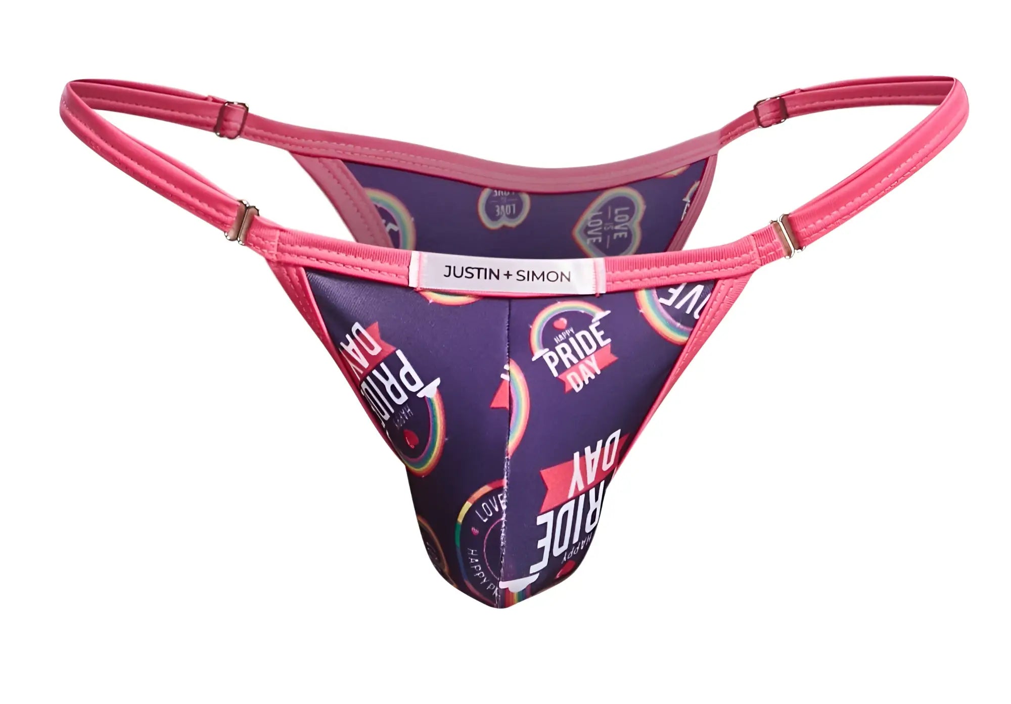 Pink and purple pride day thong with metallic clasps and justin plus simon label in xsj12 bikini color pride