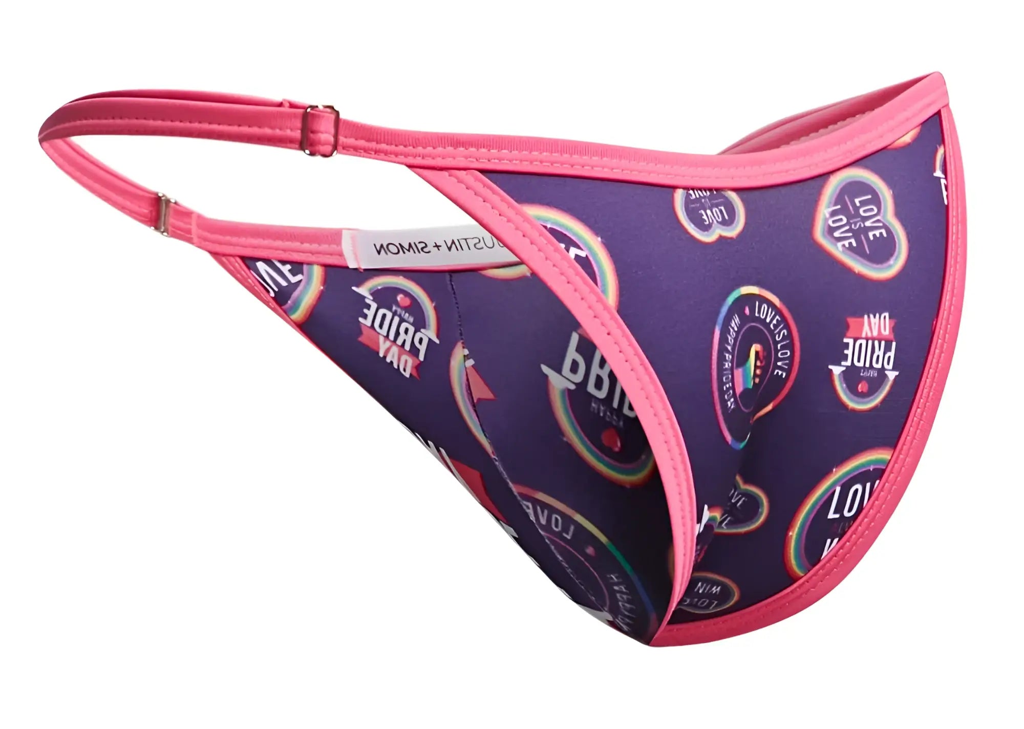 Pink-trimmed purple thong bikini with pride day rainbow logo pattern by justin simon xsj12 color pride