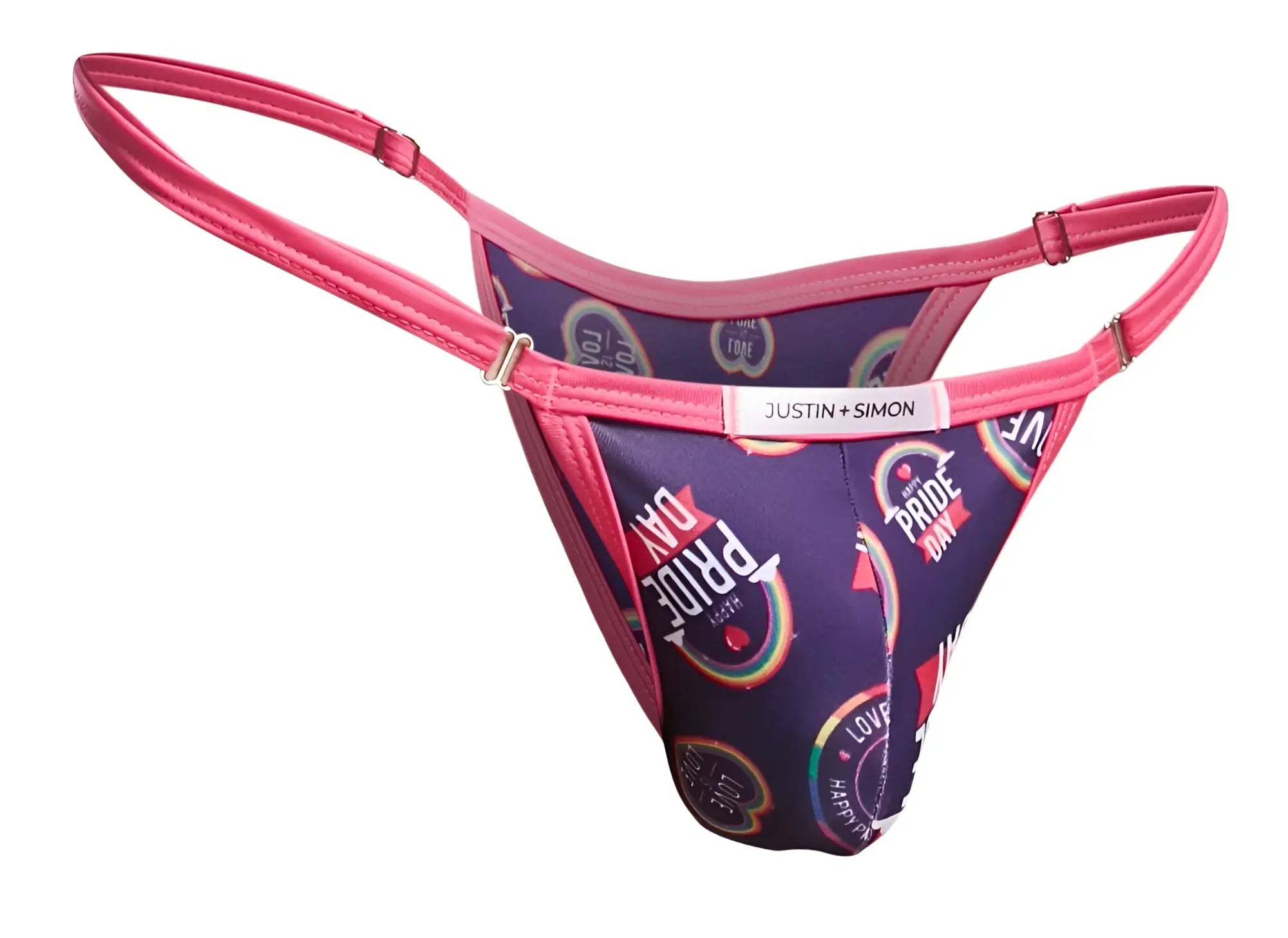 Purple and pink thong bikini with pride day rainbow print and justin simon brand label from justin simon xsj12 series