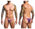 Justin simon xsj12 bikini color pride briefs with vibrant pink and purple tropical bird pattern