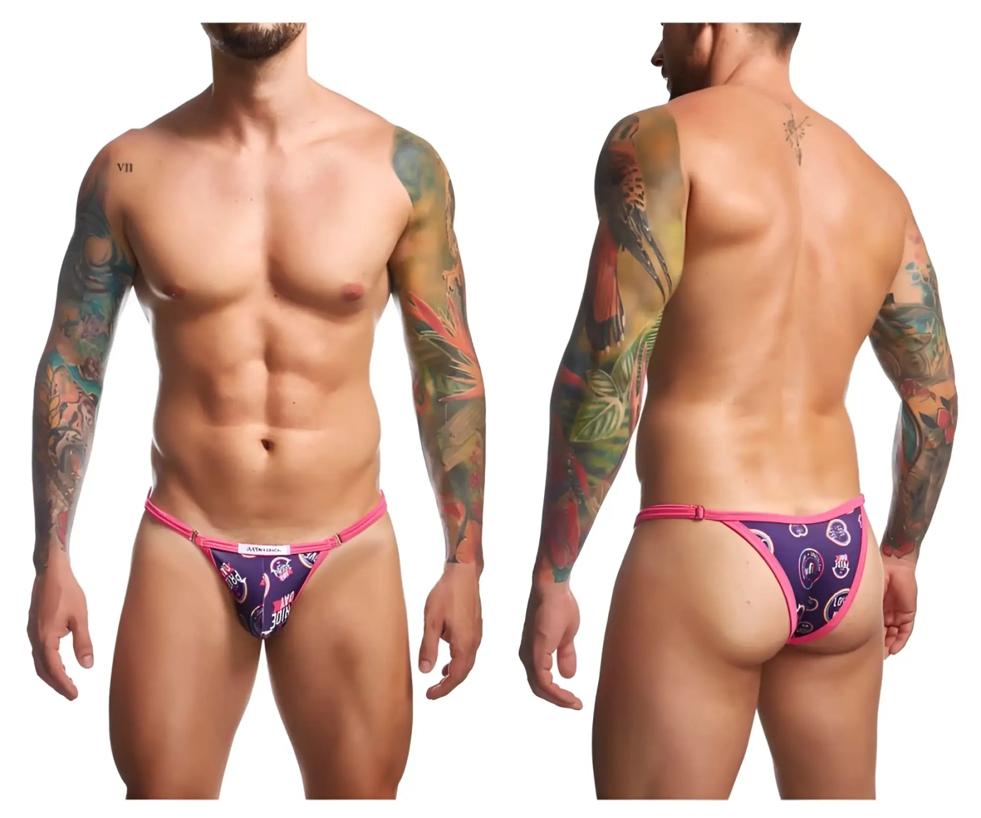 Justin simon xsj12 bikini color pride briefs with vibrant pink and purple tropical bird pattern