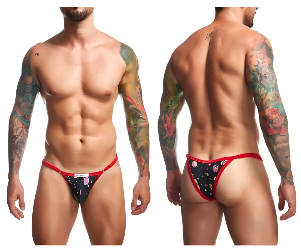 Red-trimmed black patterned men’s thong with colorful floral and fruit motifs from justin simon xsj12 bikini color psychedelic collection