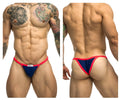 Navy blue and red thong bikini by Justin Simon with a small white brand tag at the front in royal blue color
