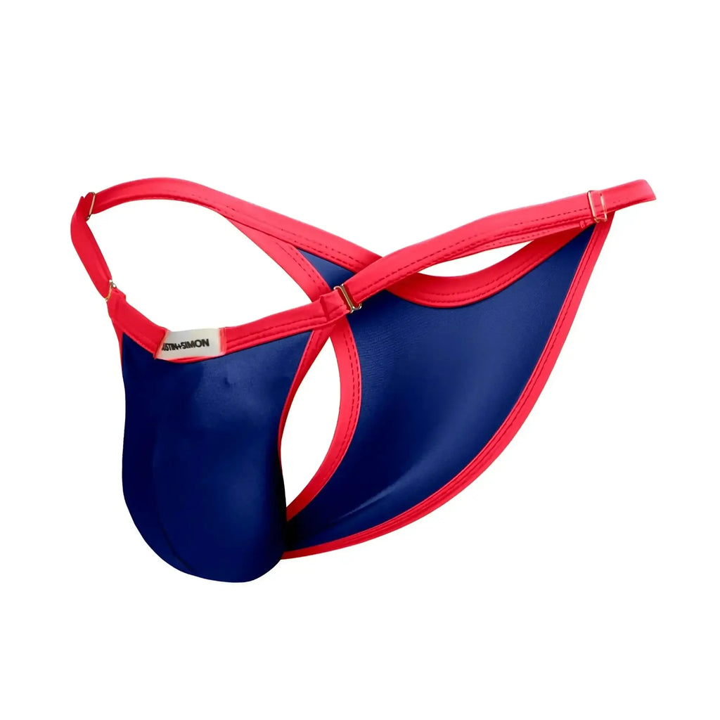 Blue and red thong bikini from justin simon xsj12 with shiny smooth material showing the back side