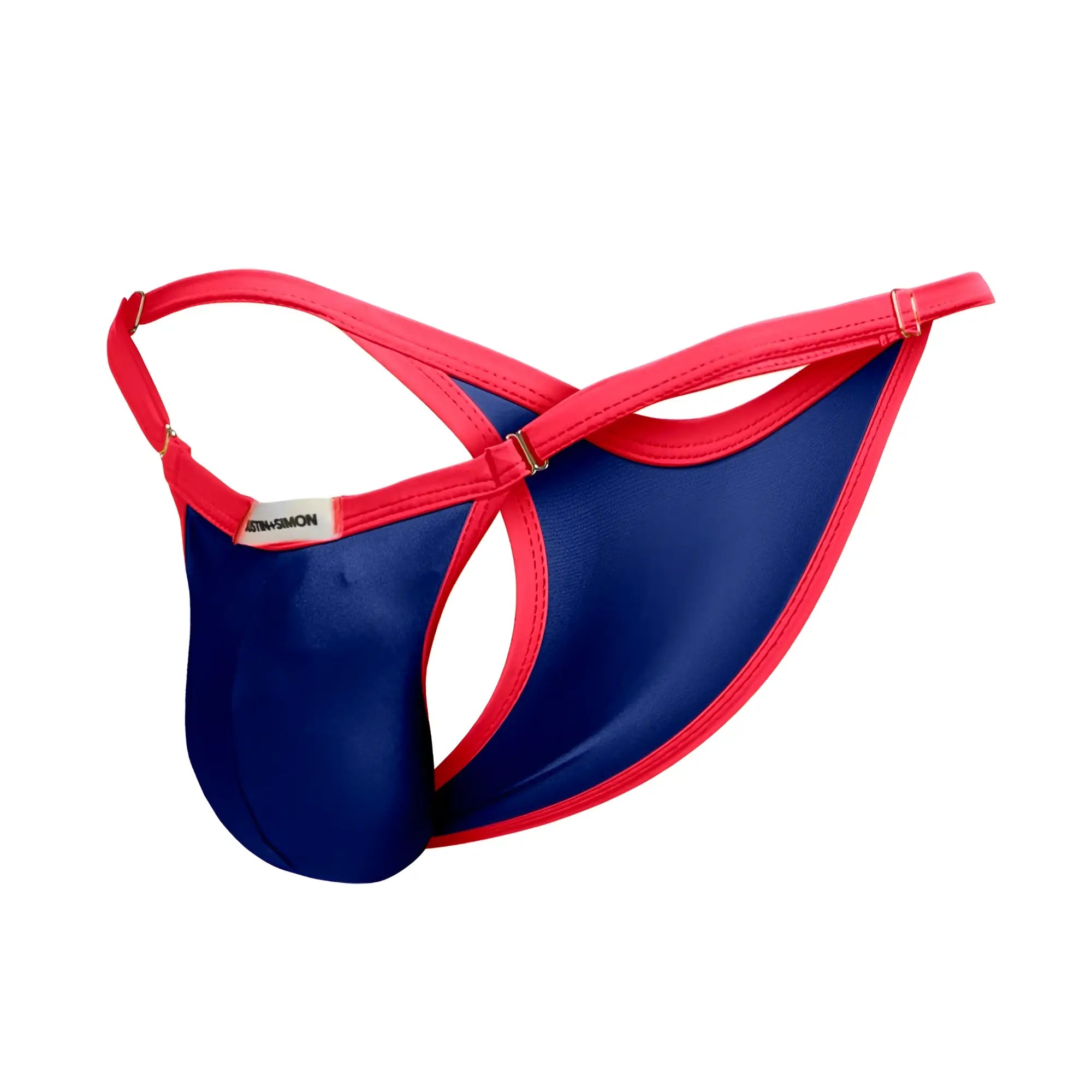 Blue and red thong bikini from justin simon xsj12 with shiny smooth material showing the back side