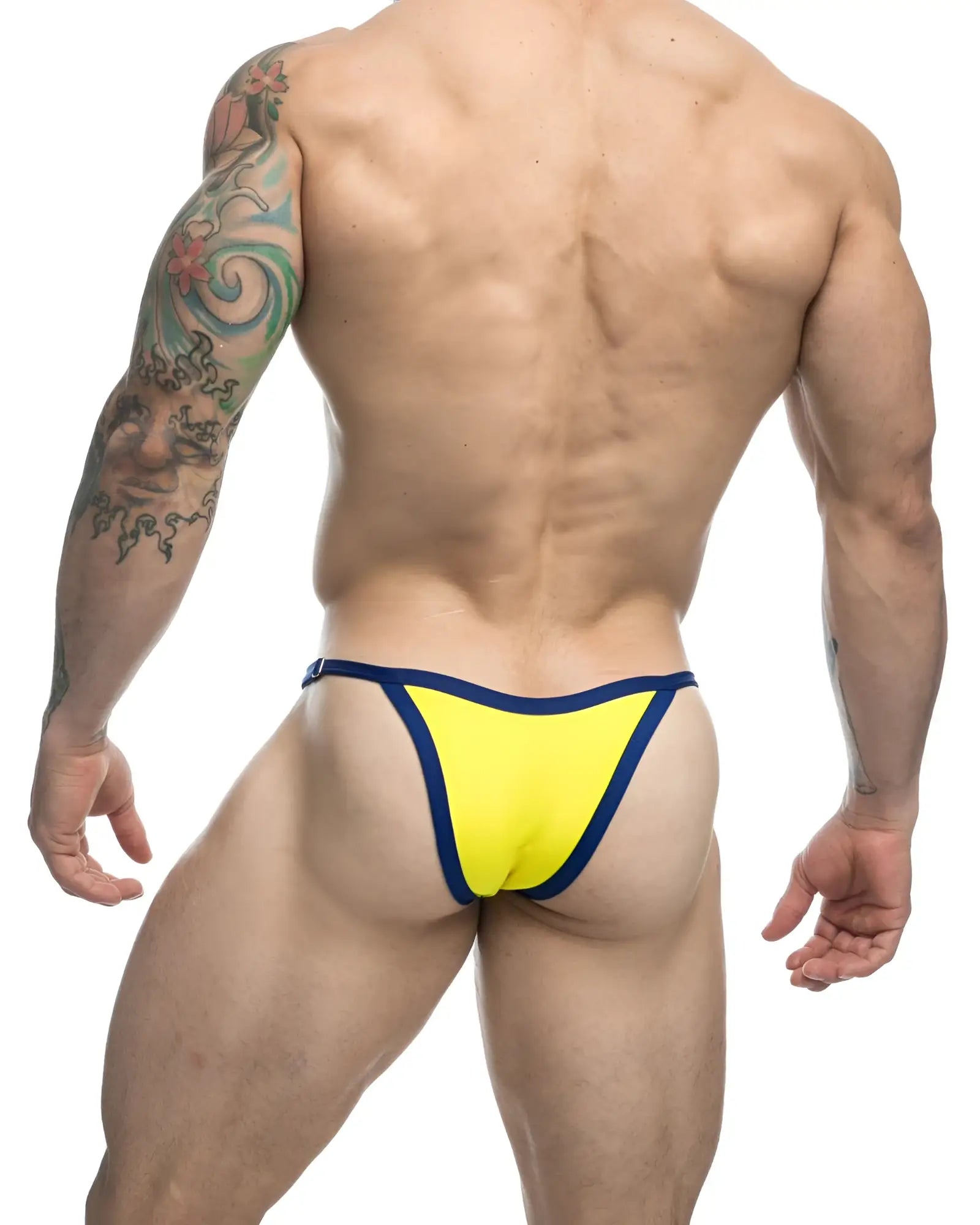 Bright yellow and navy blue justin simon xsj12 thong with sleek form-fitting design ideal for swimwear