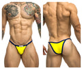 Bright yellow and navy blue Justin Simon bikini thong with a small white label at the front in size XSJ12
