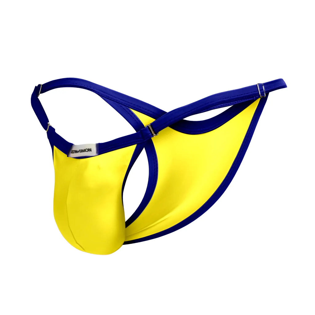 Justin and Simon xsj12 bikini bright yellow and royal blue satin thong with sleek modern design front view