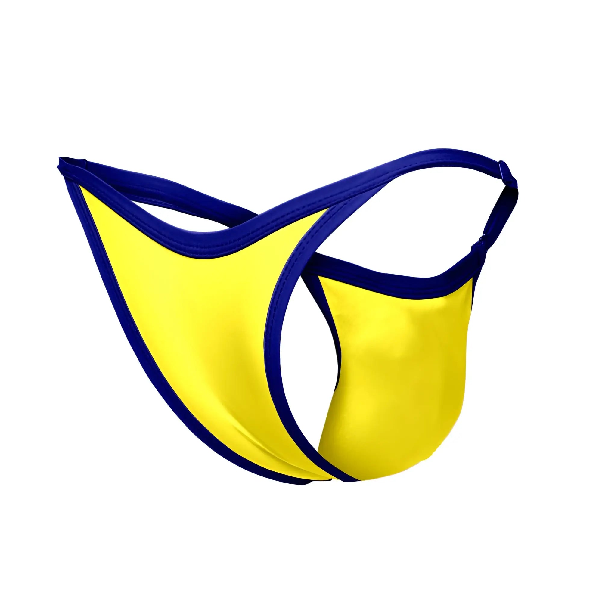 Bright yellow justin simon xsj12 bikini thong with navy blue trim and elastic straps shown from the back side