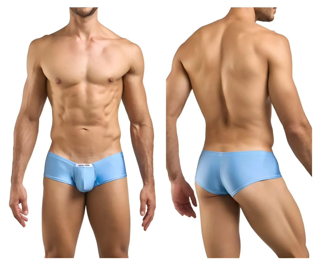 Light blue form-fitting justin simon xsj13 cheeky bulge boxer briefs with smooth stretchy fabric and front white label