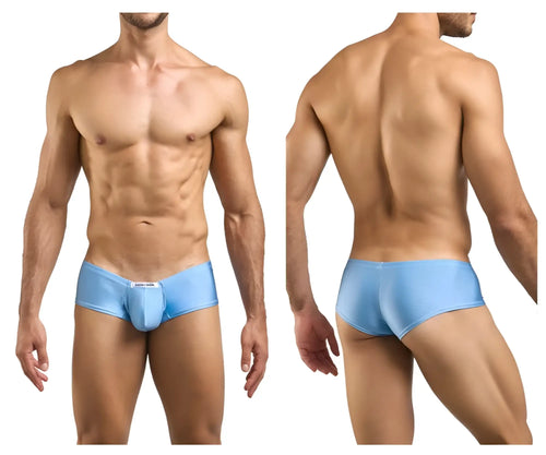 Light blue form-fitting justin simon xsj13 cheeky bulge boxer briefs with smooth stretchy fabric and front white label