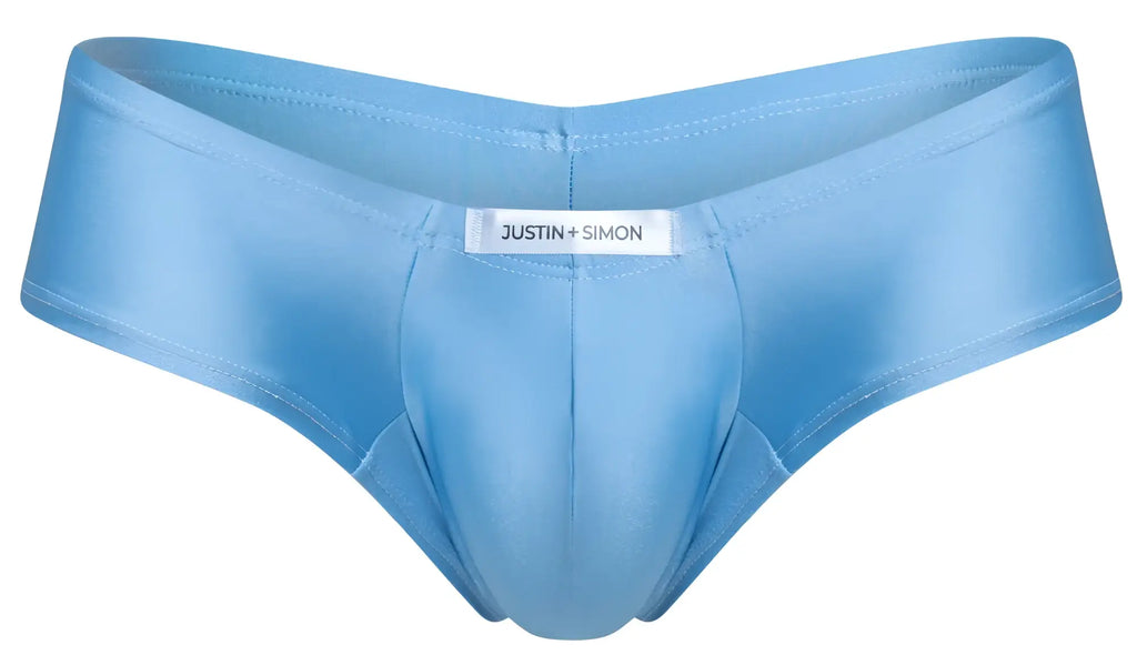 Light blue satin cheeky bulge boxer briefs with justin simon brand label in baby blue color