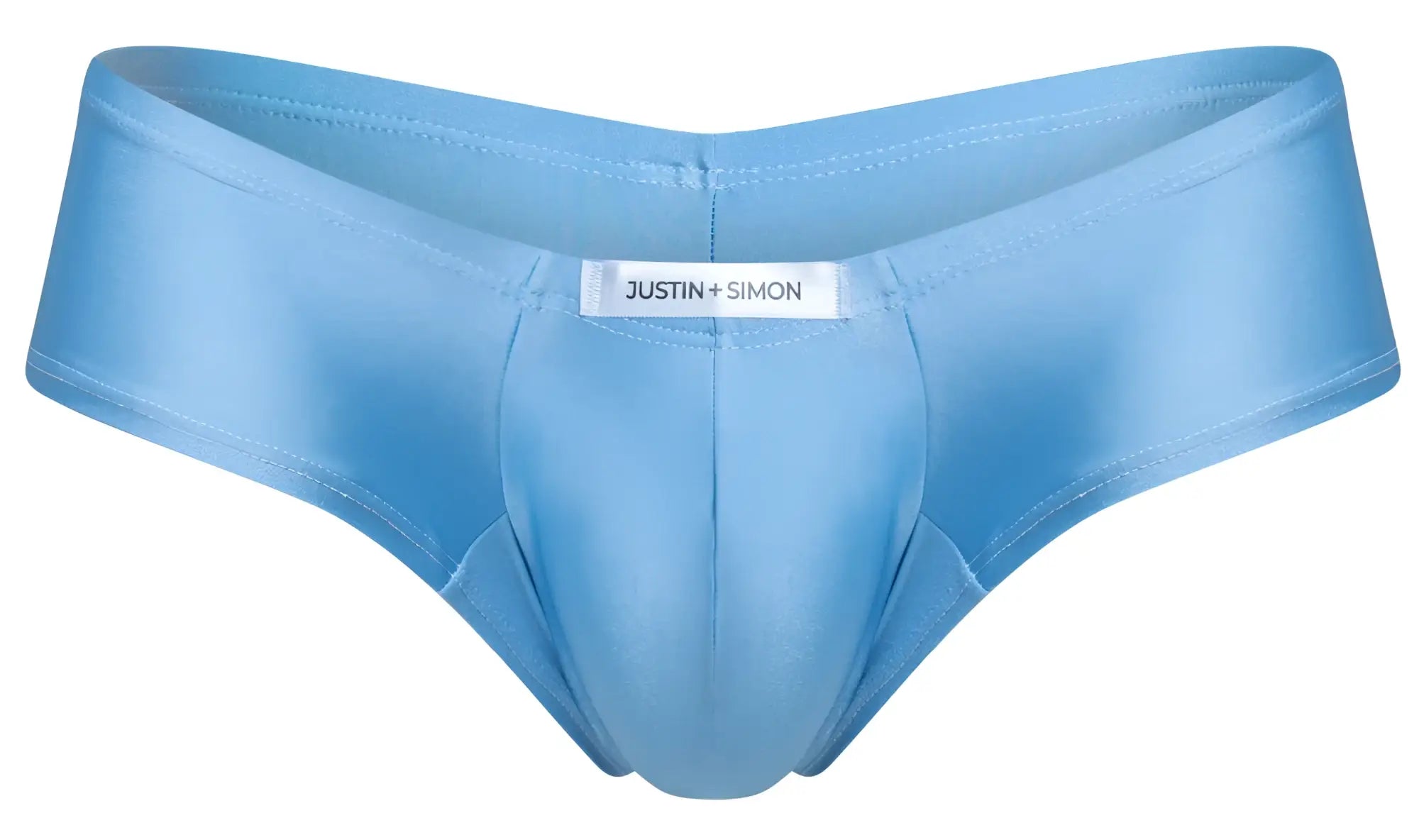 Light blue satin cheeky bulge boxer briefs with justin simon brand label in baby blue color