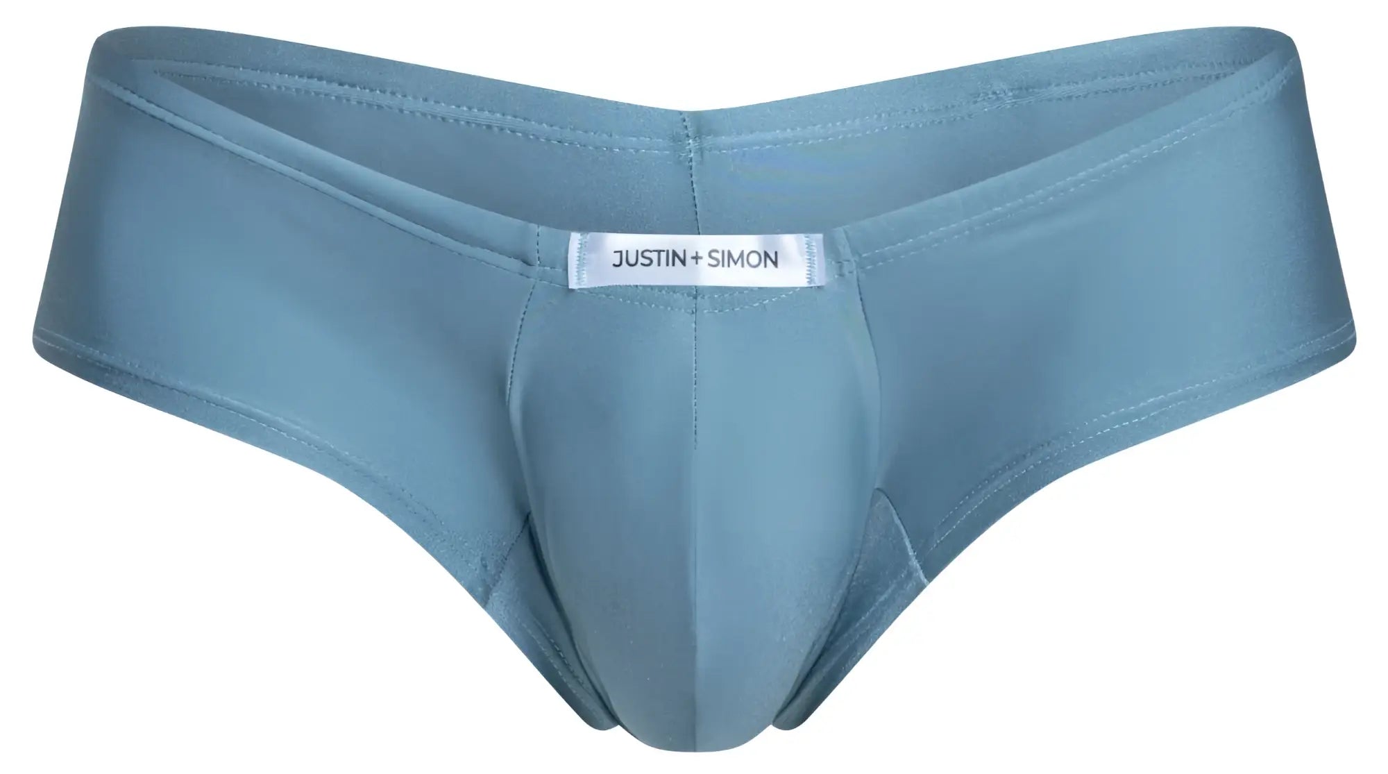 Justin simon mens light blue briefs with smooth form fitting fabric and central pouch design in metal green color