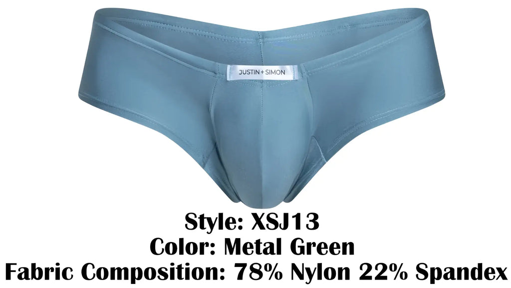 Metal green justin simon men’s cheeky bulge boxer briefs made from 78% nylon and 22% spandex for comfort