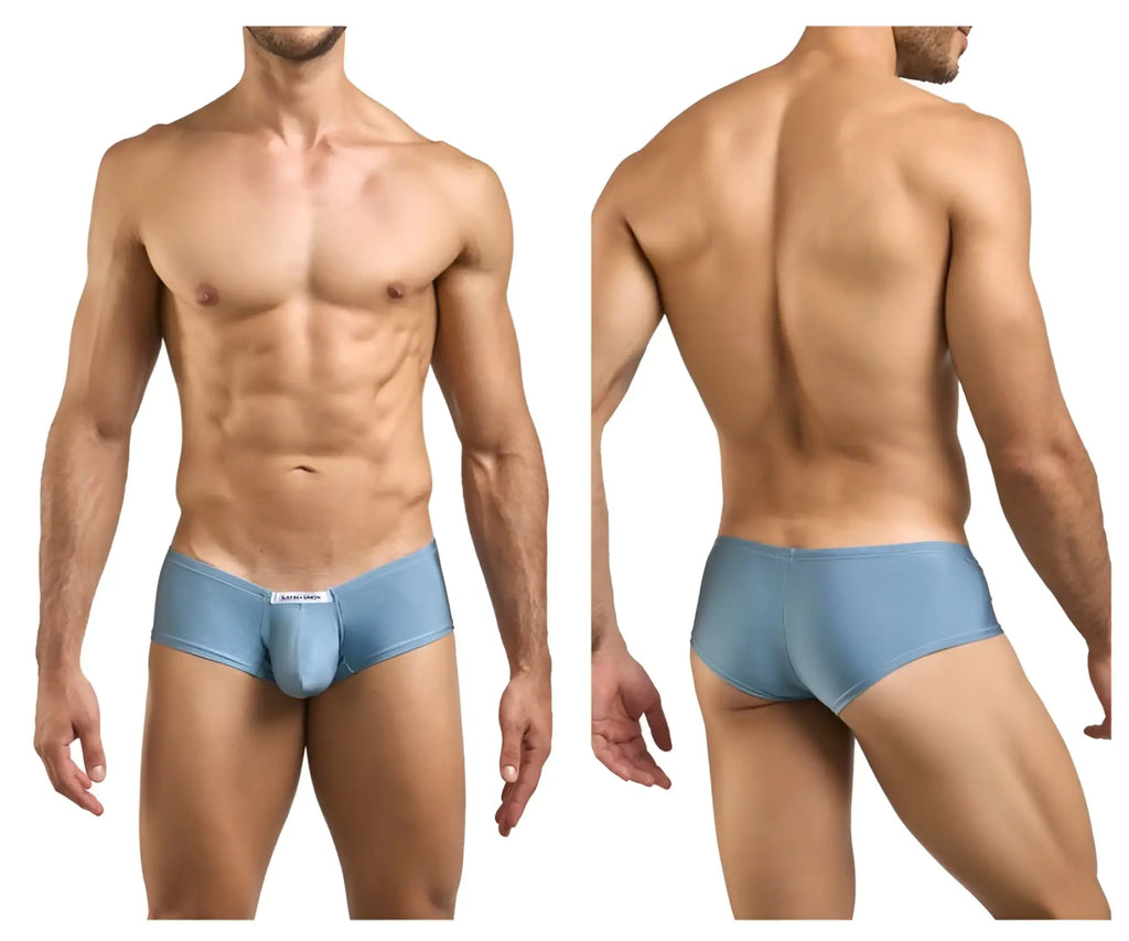 Light blue men’s briefs with smooth form-fitting design and small white label in justin simon xsj13 cheeky bulge boxer metal green