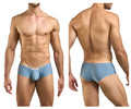 Light blue men’s briefs with smooth form-fitting design and small white label in justin simon xsj13 cheeky bulge boxer metal green