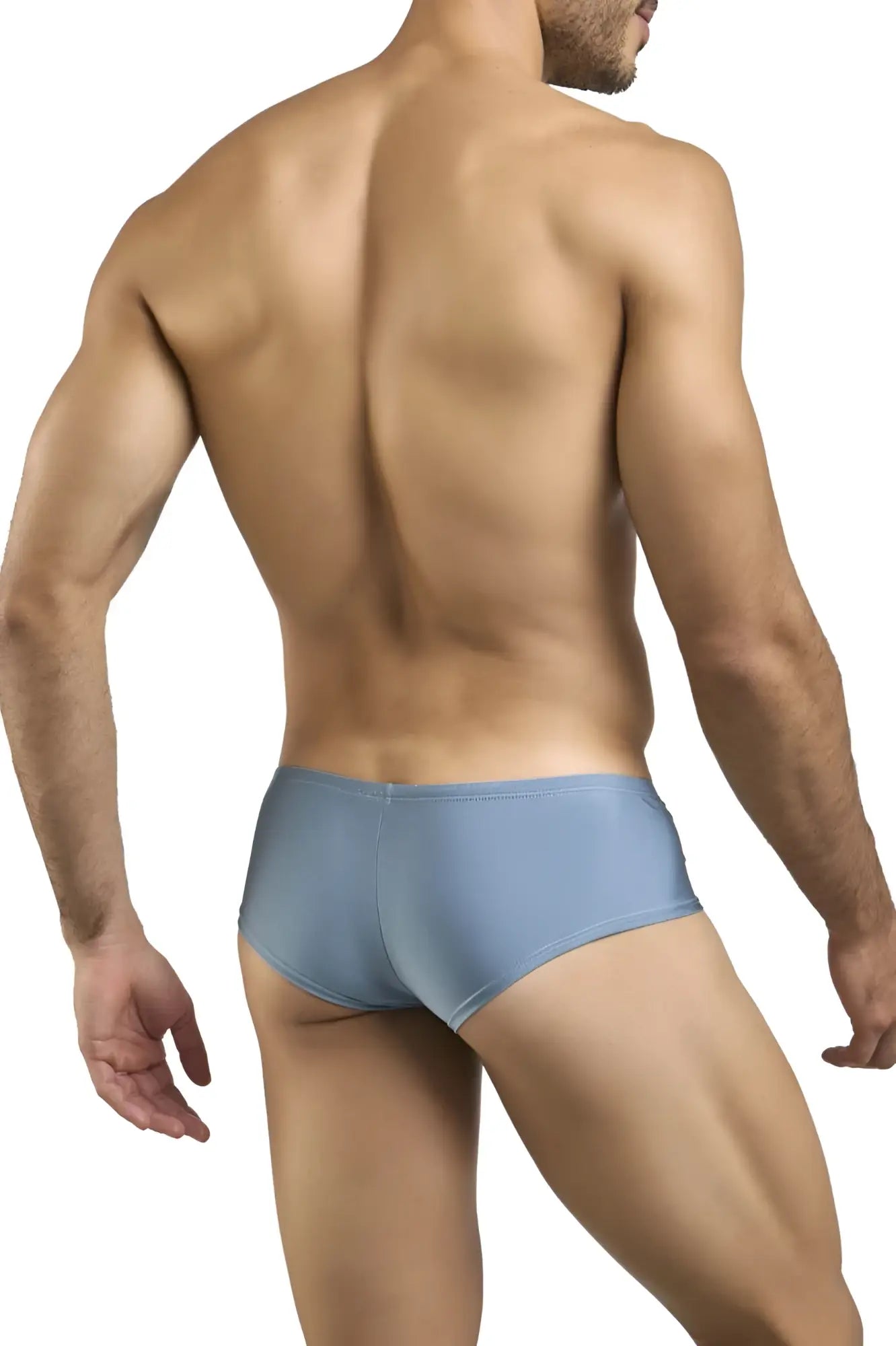 Light blue smooth-textured men’s briefs from justin simon xsj13 cheeky bulge boxer in metal green color