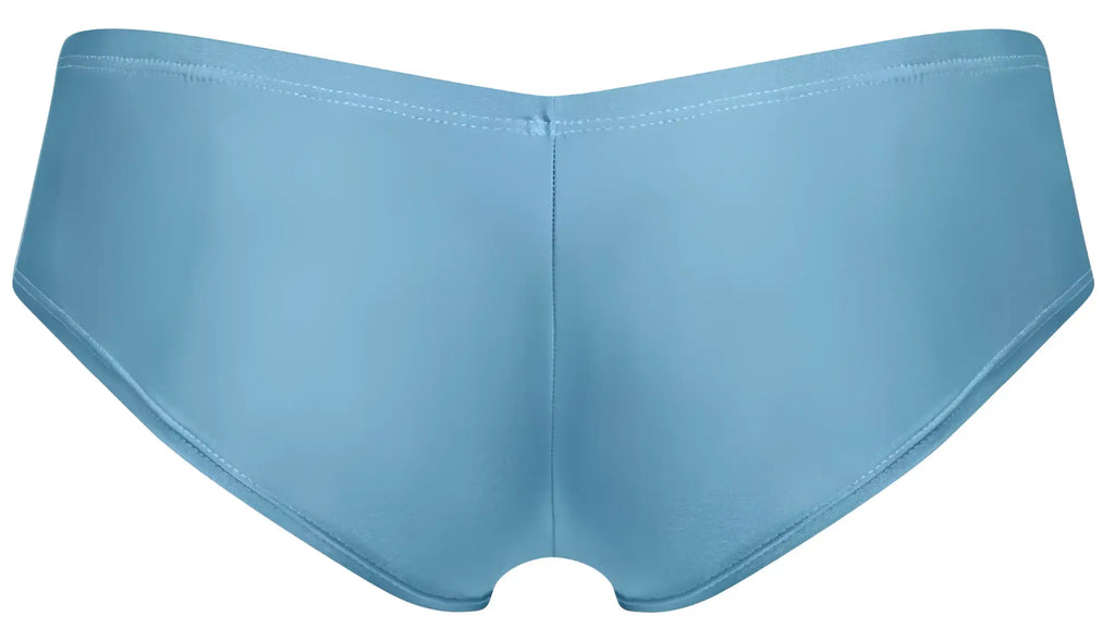 Light blue smooth textured women’s briefs with simple seamless design for comfort and style by justin simon
