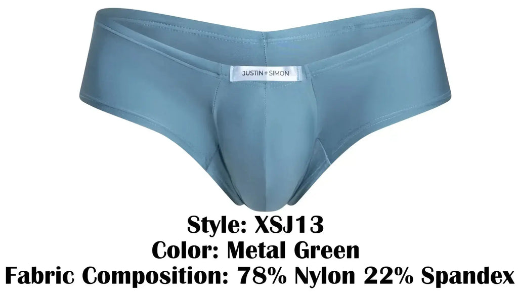 Metal green justin simon men’s cheeky bulge boxer briefs made from 78% nylon and 22% spandex for comfort